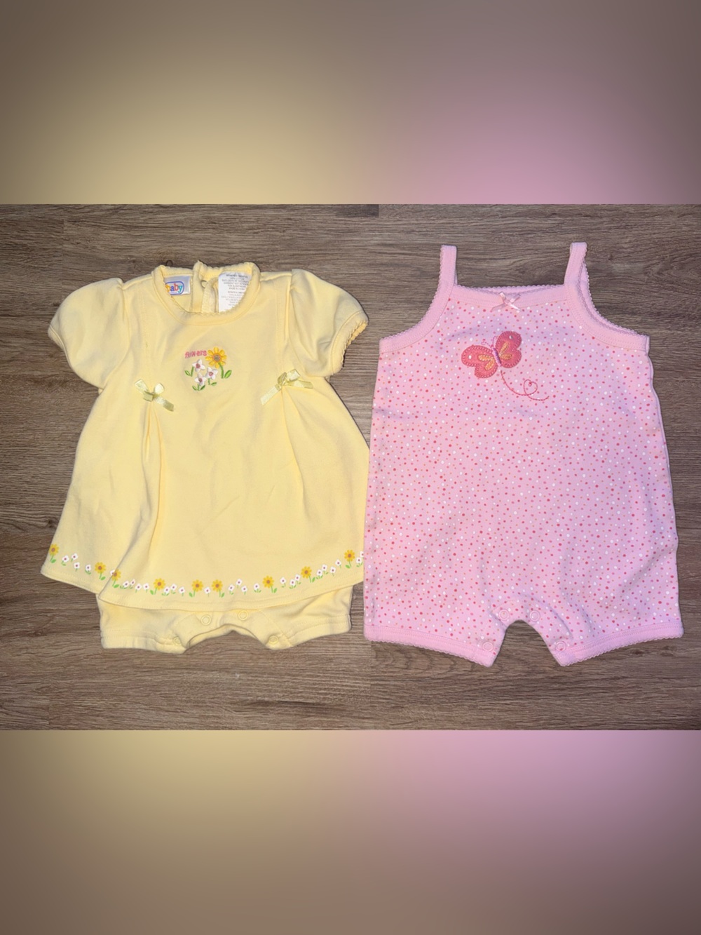 Baby connection and Carter’s 0-3M 2-Piece Rompers, yellow and pink.